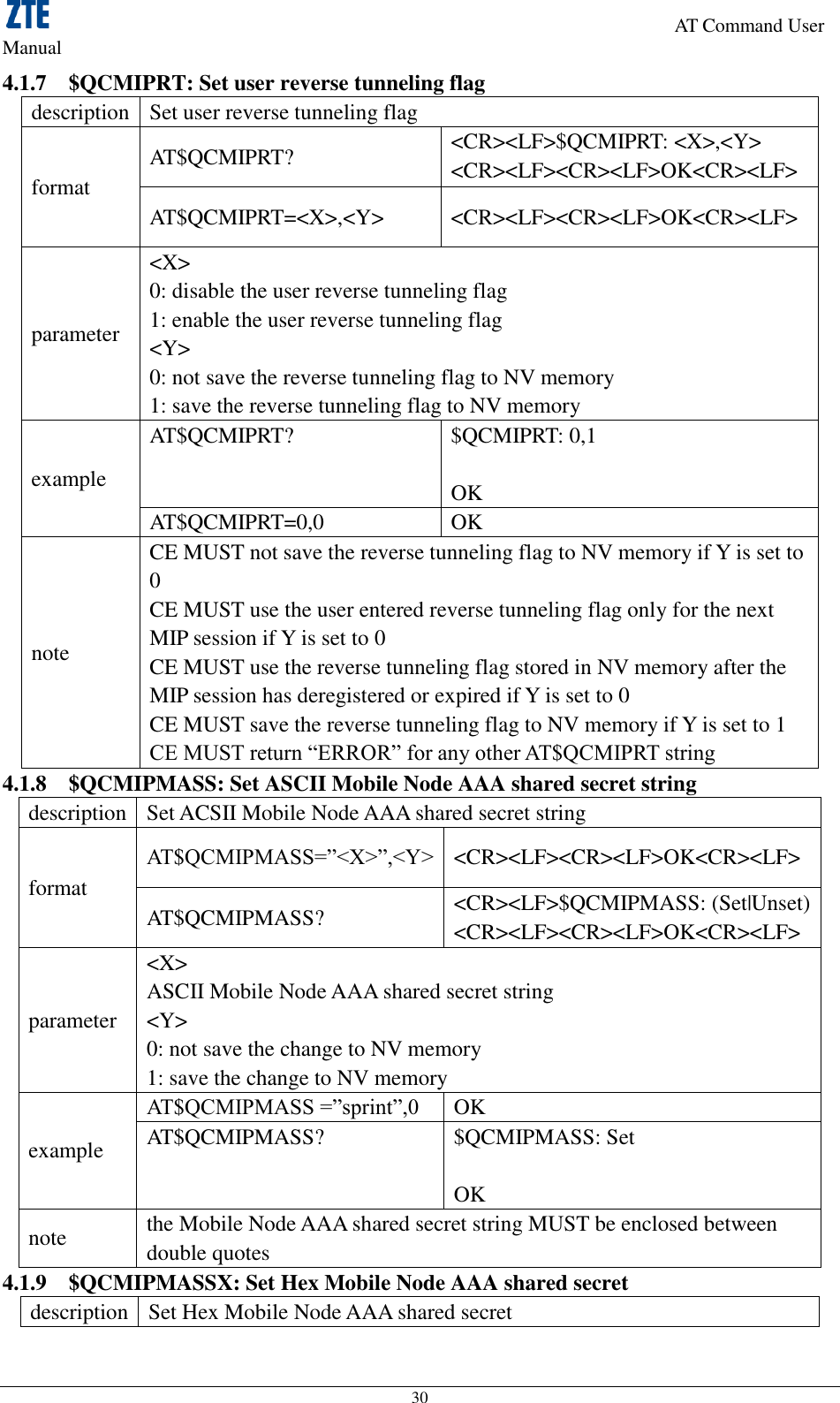                                                                     AT Command User Manual 30 4.1.7 $QCMIPRT: Set user reverse tunneling flag description Set user reverse tunneling flag format AT$QCMIPRT? &lt;CR&gt;&lt;LF&gt;$QCMIPRT: &lt;X&gt;,&lt;Y&gt; &lt;CR&gt;&lt;LF&gt;&lt;CR&gt;&lt;LF&gt;OK&lt;CR&gt;&lt;LF&gt; AT$QCMIPRT=&lt;X&gt;,&lt;Y&gt; &lt;CR&gt;&lt;LF&gt;&lt;CR&gt;&lt;LF&gt;OK&lt;CR&gt;&lt;LF&gt; parameter &lt;X&gt; 0: disable the user reverse tunneling flag 1: enable the user reverse tunneling flag &lt;Y&gt; 0: not save the reverse tunneling flag to NV memory 1: save the reverse tunneling flag to NV memory example AT$QCMIPRT? $QCMIPRT: 0,1  OK AT$QCMIPRT=0,0 OK note CE MUST not save the reverse tunneling flag to NV memory if Y is set to 0   CE MUST use the user entered reverse tunneling flag only for the next MIP session if Y is set to 0   CE MUST use the reverse tunneling flag stored in NV memory after the MIP session has deregistered or expired if Y is set to 0   CE MUST save the reverse tunneling flag to NV memory if Y is set to 1   CE MUST return “ERROR” for any other AT$QCMIPRT string 4.1.8 $QCMIPMASS: Set ASCII Mobile Node AAA shared secret string description Set ACSII Mobile Node AAA shared secret string   format AT$QCMIPMASS=”&lt;X&gt;”,&lt;Y&gt; &lt;CR&gt;&lt;LF&gt;&lt;CR&gt;&lt;LF&gt;OK&lt;CR&gt;&lt;LF&gt; AT$QCMIPMASS? &lt;CR&gt;&lt;LF&gt;$QCMIPMASS: (Set|Unset) &lt;CR&gt;&lt;LF&gt;&lt;CR&gt;&lt;LF&gt;OK&lt;CR&gt;&lt;LF&gt; parameter &lt;X&gt; ASCII Mobile Node AAA shared secret string   &lt;Y&gt; 0: not save the change to NV memory 1: save the change to NV memory example AT$QCMIPMASS =”sprint”,0 OK AT$QCMIPMASS? $QCMIPMASS: Set  OK note the Mobile Node AAA shared secret string MUST be enclosed between double quotes 4.1.9 $QCMIPMASSX: Set Hex Mobile Node AAA shared secret description Set Hex Mobile Node AAA shared secret 