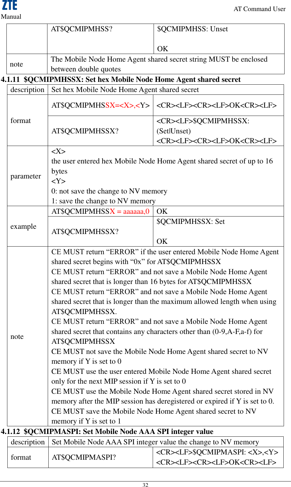                                                                     AT Command User Manual 32 AT$QCMIPMHSS? $QCMIPMHSS: Unset  OK note The Mobile Node Home Agent shared secret string MUST be enclosed between double quotes 4.1.11 $QCMIPMHSSX: Set hex Mobile Node Home Agent shared secret description Set hex Mobile Node Home Agent shared secret format AT$QCMIPMHSSX=&lt;X&gt;,&lt;Y&gt; &lt;CR&gt;&lt;LF&gt;&lt;CR&gt;&lt;LF&gt;OK&lt;CR&gt;&lt;LF&gt; AT$QCMIPMHSSX? &lt;CR&gt;&lt;LF&gt;$QCMIPMHSSX: (Set|Unset) &lt;CR&gt;&lt;LF&gt;&lt;CR&gt;&lt;LF&gt;OK&lt;CR&gt;&lt;LF&gt; parameter &lt;X&gt; the user entered hex Mobile Node Home Agent shared secret of up to 16 bytes   &lt;Y&gt; 0: not save the change to NV memory 1: save the change to NV memory example AT$QCMIPMHSSX = aaaaaa,0 OK AT$QCMIPMHSSX? $QCMIPMHSSX: Set    OK note CE MUST return “ERROR” if the user entered Mobile Node Home Agent shared secret begins with “0x” for AT$QCMIPMHSSX   CE MUST return “ERROR” and not save a Mobile Node Home Agent shared secret that is longer than 16 bytes for AT$QCMIPMHSSX CE MUST return “ERROR” and not save a Mobile Node Home Agent shared secret that is longer than the maximum allowed length when using AT$QCMIPMHSSX.   CE MUST return “ERROR” and not save a Mobile Node Home Agent shared secret that contains any characters other than (0-9,A-F,a-f) for AT$QCMIPMHSSX   CE MUST not save the Mobile Node Home Agent shared secret to NV memory if Y is set to 0   CE MUST use the user entered Mobile Node Home Agent shared secret only for the next MIP session if Y is set to 0 CE MUST use the Mobile Node Home Agent shared secret stored in NV memory after the MIP session has deregistered or expired if Y is set to 0.   CE MUST save the Mobile Node Home Agent shared secret to NV memory if Y is set to 1 4.1.12 $QCMIPMASPI: Set Mobile Node AAA SPI integer value   description Set Mobile Node AAA SPI integer value the change to NV memory format AT$QCMIPMASPI? &lt;CR&gt;&lt;LF&gt;$QCMIPMASPI: &lt;X&gt;,&lt;Y&gt; &lt;CR&gt;&lt;LF&gt;&lt;CR&gt;&lt;LF&gt;OK&lt;CR&gt;&lt;LF&gt; 