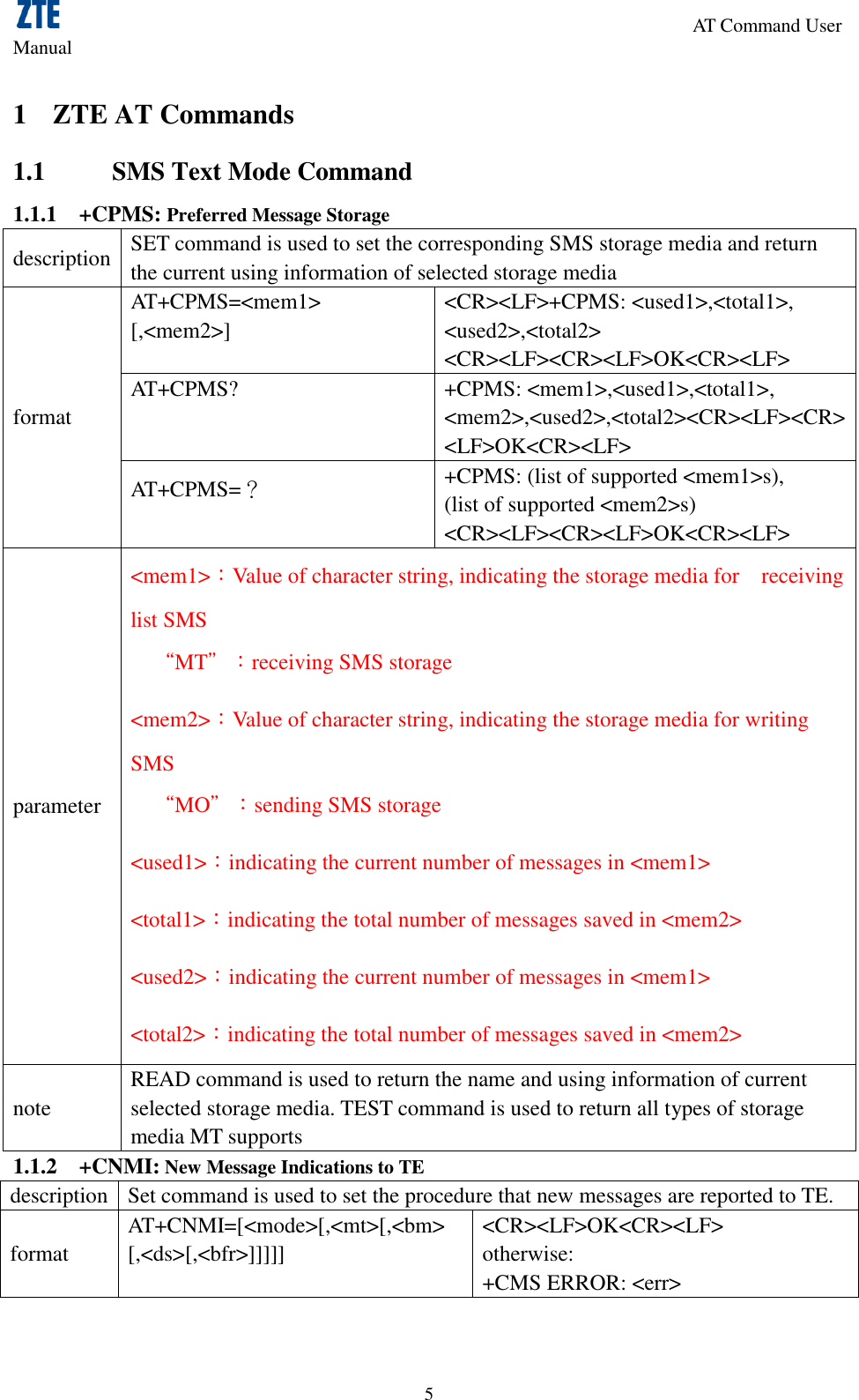                                                                      AT Command User Manual  5 1 ZTE AT Commands 1.1 SMS Text Mode Command 1.1.1 +CPMS: Preferred Message Storage description SET command is used to set the corresponding SMS storage media and return the current using information of selected storage media format AT+CPMS=&lt;mem1&gt; [,&lt;mem2&gt;] &lt;CR&gt;&lt;LF&gt;+CPMS: &lt;used1&gt;,&lt;total1&gt;, &lt;used2&gt;,&lt;total2&gt; &lt;CR&gt;&lt;LF&gt;&lt;CR&gt;&lt;LF&gt;OK&lt;CR&gt;&lt;LF&gt; AT+CPMS? +CPMS: &lt;mem1&gt;,&lt;used1&gt;,&lt;total1&gt;, &lt;mem2&gt;,&lt;used2&gt;,&lt;total2&gt;&lt;CR&gt;&lt;LF&gt;&lt;CR&gt; &lt;LF&gt;OK&lt;CR&gt;&lt;LF&gt;   AT+CPMS=？ +CPMS: (list of supported &lt;mem1&gt;s), (list of supported &lt;mem2&gt;s) &lt;CR&gt;&lt;LF&gt;&lt;CR&gt;&lt;LF&gt;OK&lt;CR&gt;&lt;LF&gt; parameter &lt;mem1&gt;：Value of character string, indicating the storage media for    receiving list SMS   “MT”：receiving SMS storage &lt;mem2&gt;：Value of character string, indicating the storage media for writing SMS “MO”：sending SMS storage &lt;used1&gt;：indicating the current number of messages in &lt;mem1&gt; &lt;total1&gt;：indicating the total number of messages saved in &lt;mem2&gt;   &lt;used2&gt;：indicating the current number of messages in &lt;mem1&gt; &lt;total2&gt;：indicating the total number of messages saved in &lt;mem2&gt;   note READ command is used to return the name and using information of current selected storage media. TEST command is used to return all types of storage media MT supports 1.1.2 +CNMI: New Message Indications to TE description Set command is used to set the procedure that new messages are reported to TE. format AT+CNMI=[&lt;mode&gt;[,&lt;mt&gt;[,&lt;bm&gt; [,&lt;ds&gt;[,&lt;bfr&gt;]]]]] &lt;CR&gt;&lt;LF&gt;OK&lt;CR&gt;&lt;LF&gt;   otherwise: +CMS ERROR: &lt;err&gt; 