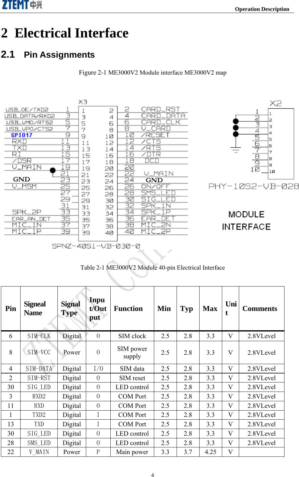                                                                    Operation Description  42 Electrical Interface 2.1  Pin Assignments Figure 2-1 ME3000V2 Module interface ME3000V2 map    Table 2-1 ME3000V2 Module 40-pin Electrical Interface  Pin  Signeal Name  Signal  Type Input/Output  Function Min Typ Max Unit  Comments 6  SIM-CLK Digital O  SIM clock 2.5 2.8 3.3 V 2.8VLevel 8  SIM-VCC  Power O  SIM power supply  2.5 2.8 3.3 V 2.8VLevel 4  SIM-DATA  Digital I/O  SIM data  2.5 2.8 3.3 V 2.8VLevel 2  SIM-RST  Digital O  SIM reset  2.5 2.8 3.3 V 2.8VLevel 30  SIG_LED  Digital O  LED control 2.5 2.8 3.3 V 2.8VLevel 3  RXD2  Digital O  COM Port  2.5 2.8 3.3 V 2.8VLevel 11  RXD  Digital O  COM Port 2.5 2.8 3.3 V 2.8VLevel 1  TXD2  Digital I  COM Port  2.5 2.8 3.3 V 2.8VLevel 13  TXD  Digital I  COM Port 2.5 2.8 3.3 V 2.8VLevel 30  SIG_LED  Digital O  LED control 2.5 2.8 3.3 V 2.8VLevel 28  SMS_LED  Digital O  LED control 2.5 2.8 3.3 V 2.8VLevel 22  V_MAIN  Power P  Main power 3.3  3.7  4.25 V   