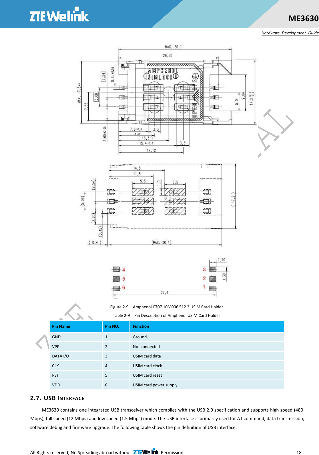  All Rights reserved, No Spreading abroad without    Permission                        18 ME3630 Hardware  Development  Guide  Figure 2-9    Amphenol C707 10M006 512 2 USIM Card Holder   Table 2-9    Pin Description of Amphenol USIM Card Holder Pin Name  Pin NO.  Function GND  1  Ground VPP  2  Not connected DATA I/O  3  USIM card data CLK  4  USIM card clock RST  5  USIM card reset VDD  6  USIM card power supply 2.7. USB INTERFACE ME3630 contains one integrated USB transceiver which complies with the USB 2.0 specification and supports high speed (480 Mbps), full speed (12 Mbps) and low speed (1.5 Mbps) mode. The USB interface is primarily used for AT command, data transmission, software debug and firmware upgrade. The following table shows the pin definition of USB interface. 