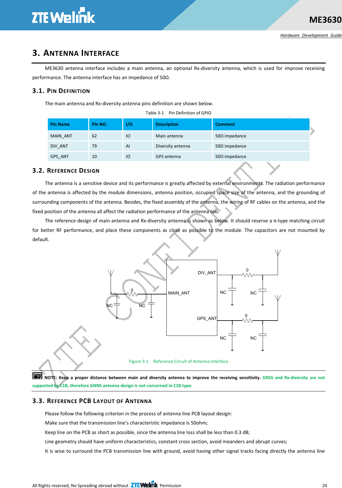  All Rights reserved, No Spreading abroad without    Permission      24 ME3630 Hardware  Development  Guide 3. ANTENNA INTERFACE ME3630  antenna  interface  includes  a  main  antenna,  an  optional  Rx-diversity  antenna,  which  is  used  for  improve  receiving performance. The antenna interface has an impedance of 50Ω. 3.1. PIN DEFINITION The main antenna and Rx-diversity antenna pins definition are shown below. Table 3-1    Pin Definition of GPIO Pin Name  Pin NO.  I/O  Description  Comment MAIN_ANT  62  IO  Main antenna  50Ω impedance DIV_ANT  79  AI  Diversity antenna  50Ω impedance GPS_ANT  10  IO  GPS antenna  50Ω impedance 3.2. REFERENCE DESIGN The antenna is a sensitive device and its performance is greatly affected by external environments. The radiation performance of the antenna is affected by the module dimensions, antenna position, occupied space size of the antenna, and the grounding  of surrounding components of the antenna. Besides, the fixed assembly of the antenna, the wiring of RF cables on the antenna, and the fixed position of the antenna all affect the radiation performance of the antenna too. The reference design of main antenna and Rx-diversity antenna is shown as below. It should reserve a π-type matching circuit for  better  RF  performance,  and  place  these  components  as  close  as  possible  to  the  module.  The  capacitors  are  not  mounted  by default.   MAIN_ANTDIV_ANTGPS_ANT000NCNCNCNCNCNC Figure 3-1    Reference Circuit of Antenna Interface     NOTE:  Keep  a  proper  distance  between  main  and  diversity  antenna  to  improve  the  receiving  sensitivity. GNSS  and  Rx-diversity  are  not supported by C1B, therefore GNNS antenna design is not concerned in C1B type. 3.3. REFERENCE PCB LAYOUT OF ANTENNA Please follow the following criterion in the process of antenna line PCB layout design:   Make sure that the transmission line’s characteristic impedance is 50ohm; Keep line on the PCB as short as possible, since the antenna line loss shall be less than 0.3 dB; Line geometry should have uniform characteristics, constant cross section, avoid meanders and abrupt curves; It is wise to surround the PCB transmission line with ground, avoid having other signal tracks facing directly the antenna line 