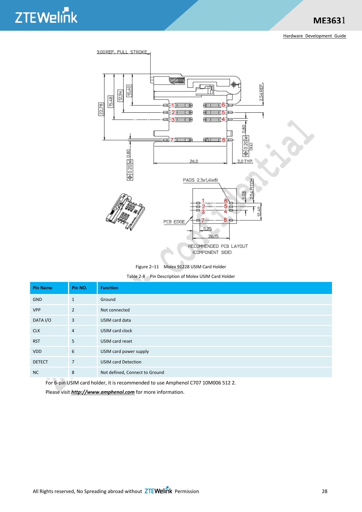  All Rights reserved, No Spreading abroad without    Permission                     28  ME3631 Hardware  Development  Guide  Figure 2–11  Molex 91228 USIM Card Holder   Table 2-8  Pin Description of Molex USIM Card Holder Pin Name Pin NO. Function GND 1 Ground VPP 2 Not connected DATA I/O 3 USIM card data CLK 4 USIM card clock RST 5 USIM card reset VDD 6 USIM card power supply DETECT 7 USIM card Detection NC 8 Not defined, Connect to Ground For 6-pin USIM card holder, it is recommended to use Amphenol C707 10M006 512 2.     Please visit http://www.amphenol.com for more information. 
