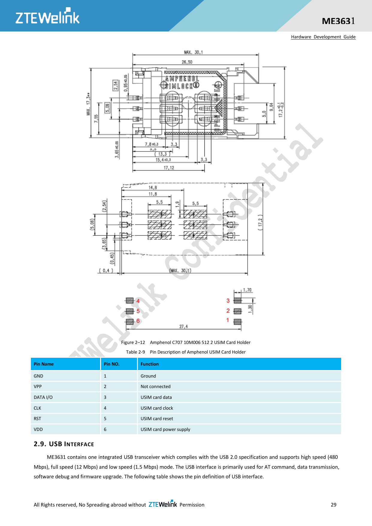  All Rights reserved, No Spreading abroad without    Permission                     29  ME3631 Hardware  Development  Guide  Figure 2–12  Amphenol C707 10M006 512 2 USIM Card Holder   Table 2-9  Pin Description of Amphenol USIM Card Holder Pin Name Pin NO. Function GND 1 Ground VPP 2 Not connected DATA I/O 3 USIM card data CLK 4 USIM card clock RST 5 USIM card reset VDD 6 USIM card power supply 2.9. USB INTERFACE ME3631 contains one integrated USB transceiver which complies with the USB 2.0 specification and supports high speed (480 Mbps), full speed (12 Mbps) and low speed (1.5 Mbps) mode. The USB interface is primarily used for AT command, data transmission, software debug and firmware upgrade. The following table shows the pin definition of USB interface. 