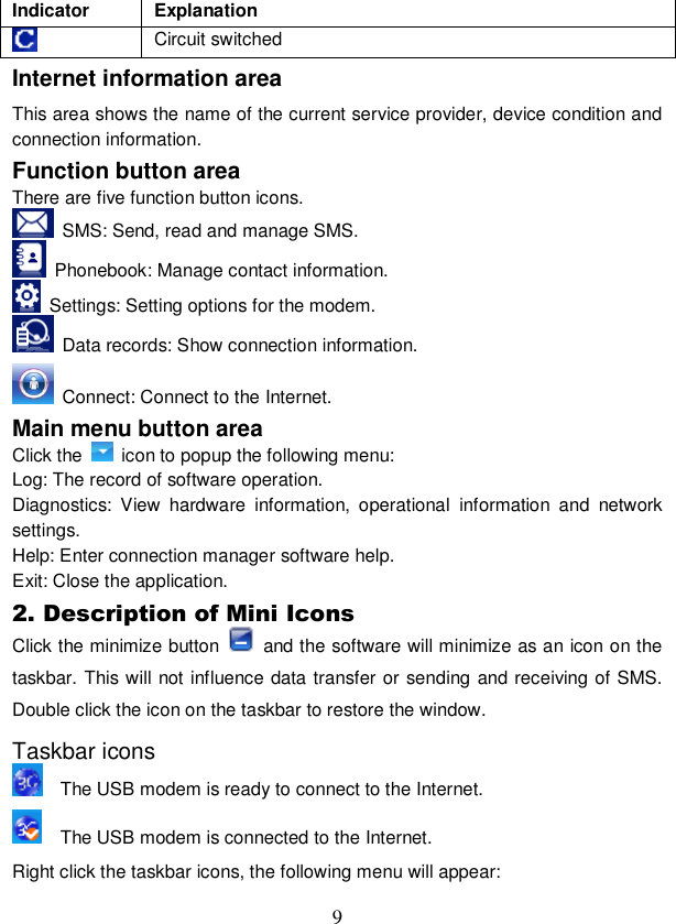  9 Indicator Explanation  Circuit switched Internet information area This area shows the name of the current service provider, device condition and connection information. Function button area There are five function button icons.     SMS: Send, read and manage SMS.   Phonebook: Manage contact information.   Settings: Setting options for the modem.   Data records: Show connection information.   Connect: Connect to the Internet. Main menu button area Click the    icon to popup the following menu: Log: The record of software operation. Diagnostics:  View  hardware  information,  operational  information  and  network settings. Help: Enter connection manager software help. Exit: Close the application. 2. Description of Mini Icons Click the minimize button    and the software will minimize as an icon on the taskbar. This will not influence data transfer or sending and receiving of SMS. Double click the icon on the taskbar to restore the window. Taskbar icons   The USB modem is ready to connect to the Internet.   The USB modem is connected to the Internet. Right click the taskbar icons, the following menu will appear: 