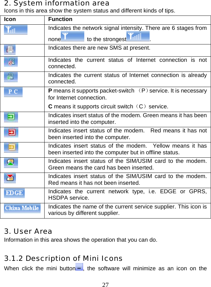  272. System information area Icons in this area show the system status and different kinds of tips. Icon Function Indicates the network signal intensity. There are 6 stages from none   to the strongest .  Indicates there are new SMS at present.  Indicates the current status of Internet connection is not connected.  Indicates the current status of Internet connection is already connected.  P means it supports packet-switch （P）service. It is necessary for Internet connection. C means it supports circuit switch（C）service.   Indicates insert status of the modem. Green means it has been inserted into the computer.  Indicates insert status of the modem.  Red means it has not been inserted into the computer.  Indicates insert status of the modem.  Yellow means it has been inserted into the computer but in offline status.  Indicates insert status of the SIM/USIM card to the modem. Green means the card has been inserted.  Indicates insert status of the SIM/USIM card to the modem. Red means it has not been inserted.    Indicates the current network type, i.e. EDGE or GPRS, HSDPA service. Indicates the name of the current service supplier. This icon is various by different supplier.  3. User Area Information in this area shows the operation that you can do.  3.1.2 Description of Mini Icons When click the mini button , the software will minimize as an icon on the 