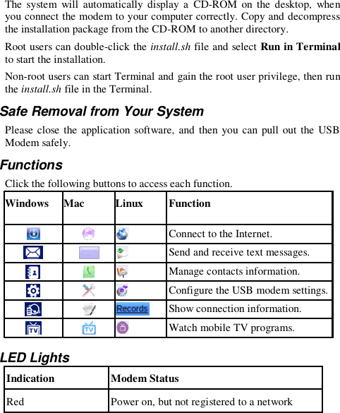  The  system  will  automatically display  a  CD-ROM  on the  desktop,  when you connect the modem to your computer correctly. Copy and decompress the installation package from the CD-ROM to another directory.   Root users can double-click the install.sh file and select Run in Terminal to start the installation.   Non-root users can start Terminal and gain the root user privilege, then run the install.sh file in the Terminal. Safe Removal from Your System Please close the application software,  and  then you can pull out the USB Modem safely. Functions Click the following buttons to access each function.   Windows Mac Linux Function    Connect to the Internet.    Send and receive text messages.    Manage contacts information.    Configure the USB modem settings.    Show connection information.    Watch mobile TV programs.  LED Lights Indication Modem Status Red Power on, but not registered to a network 