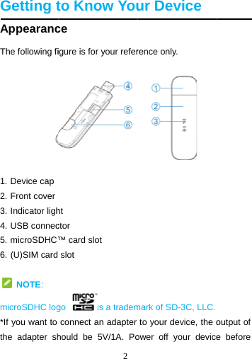   Getting tAppearancThe following fi1. Device cap 2. Front cover 3. Indicator ligh4. USB connec5. microSDHC™6. (U)SIM card   NOTE:  microSDHC log*If you want to the adapter sh2 to Know Youce igure is for your refer  ht ctor  ™ card slot slot  go  is a trademconnect an adapter hould be 5V/1A. Pour Device rence only.  mark of SD-3C, LLC.to your device, the oower off your deviceoutput of e before 