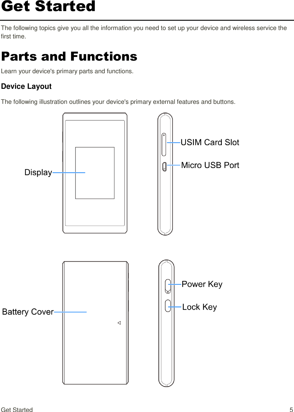 Get Started  5 Get Started The following topics give you all the information you need to set up your device and wireless service the first time. Parts and Functions Learn your device&apos;s primary parts and functions. Device Layout  The following illustration outlines your device&apos;s primary external features and buttons.  