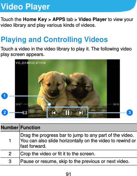  91 Video Player Touch the Home Key &gt; APPS tab &gt; Video Player to view your video library and play various kinds of videos. Playing and Controlling Videos Touch a video in the video library to play it. The following video play screen appears.  Number Function 1 Drag the progress bar to jump to any part of the video. You can also slide horizontally on the video to rewind or fast forward. 2 Crop the video or fit it to the screen. 3 Pause or resume, skip to the previous or next video. 