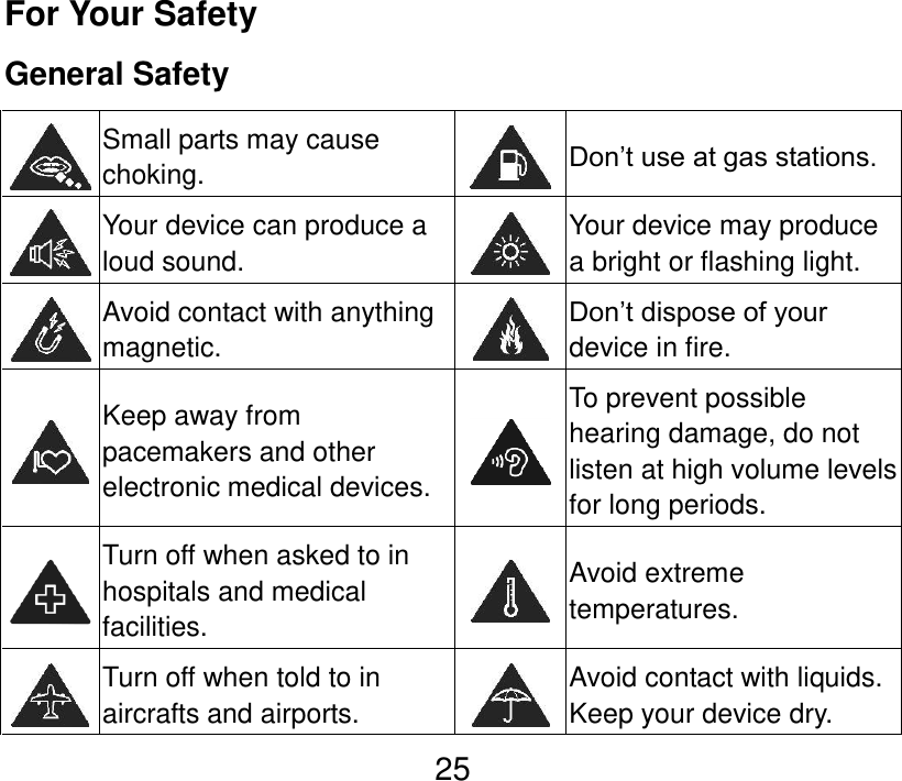  25 For Your Safety General Safety  Small parts may cause choking.  Don’t use at gas stations.  Your device can produce a loud sound.  Your device may produce a bright or flashing light.  Avoid contact with anything magnetic.  Don’t dispose of your device in fire.  Keep away from pacemakers and other electronic medical devices.  To prevent possible hearing damage, do not listen at high volume levels for long periods.  Turn off when asked to in hospitals and medical facilities.  Avoid extreme temperatures.  Turn off when told to in aircrafts and airports.  Avoid contact with liquids. Keep your device dry. 