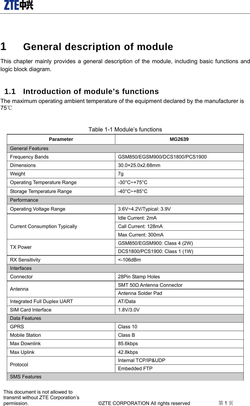   This document is not allowed to transmit without ZTE Corporation’s permission.    ©ZTE CORPORATION All rights reserved  第1页  1  General description of module   This chapter mainly provides a general description of the module, including basic functions and logic block diagram.     1.1  Introduction of module’s functions   The maximum operating ambient temperature of the equipment declared by the manufacturer is 75℃  Table 1-1 Module’s functions   Parameter MG2639 General Features Frequency Bands  GSM850/EGSM900/DCS1800/PCS1900 Dimensions 30.0×25.0x2.68mm Weight 7g Operating Temperature Range  -30°C~+75°C Storage Temperature Range  -40°C~+85°C Performance Operating Voltage Range  3.6V~4.2V/Typical: 3.9V Current Consumption Typically Idle Current: 2mA Call Current: 128mA Max Current: 300mA TX Power  GSM850/EGSM900: Class 4 (2W) DCS1800/PCS1900: Class 1 (1W) RX Sensitivity  &lt;-106dBm Interfaces Connector  28Pin Stamp Holes Antenna  SMT 50Ω Antenna Connector Antenna Solder Pad Integrated Full Duplex UART  AT/Data SIM Card Interface 1.8V/3.0V Data Features GPRS Class 10 Mobile Station  Class B Max Downlink  85.6kbps Max Uplink  42.8kbps Protocol Internal TCP/IP&amp;UDP Embedded FTP SMS Features 