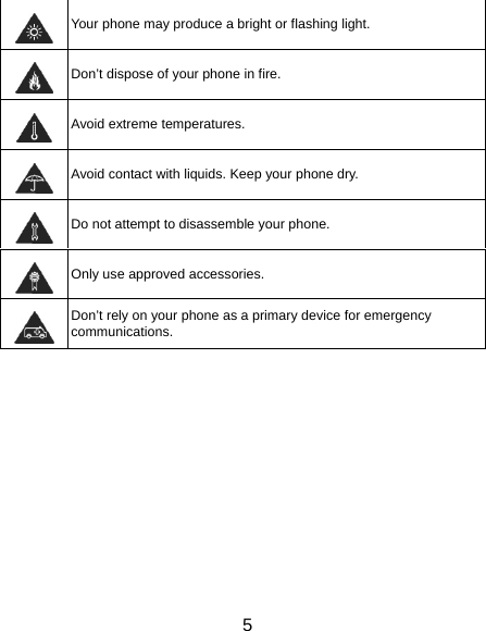 5  Your phone may produce a bright or flashing light.  Don’t dispose of your phone in fire.  Avoid extreme temperatures.  Avoid contact with liquids. Keep your phone dry.  Do not attempt to disassemble your phone.  Only use approved accessories.  Don’t rely on your phone as a primary device for emergency communications.   