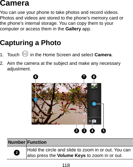  118 Camera You can use your phone to take photos and record videos. Photos and videos are stored to the phone’s memory card or the phone’s internal storage. You can copy them to your computer or access them in the Gallery app. Capturing a Photo 1. Touch    in the Home Screen and select Camera. 2.  Aim the camera at the subject and make any necessary adjustment.  Number Function 2 Hold the circle and slide to zoom in or out. You can also press the Volume Keys to zoom in or out. 