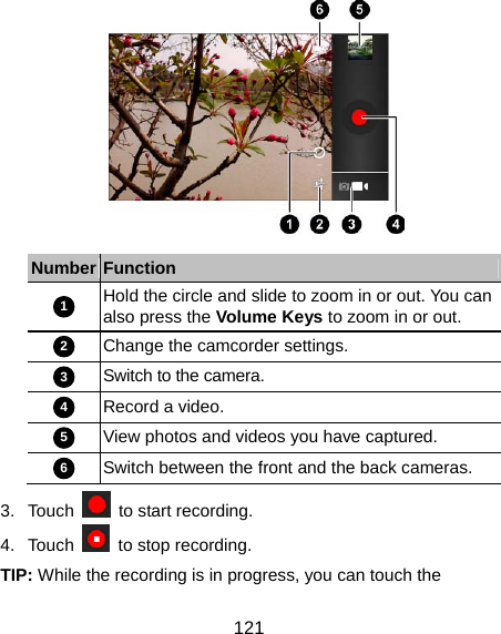  121  Number Function 1 Hold the circle and slide to zoom in or out. You can also press the Volume Keys to zoom in or out. 2 Change the camcorder settings. 3 Switch to the camera. 4 Record a video. 5 View photos and videos you have captured. 6 Switch between the front and the back cameras. 3. Touch    to start recording. 4. Touch   to stop recording. TIP: While the recording is in progress, you can touch the 