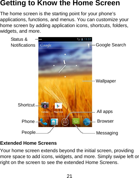  21 Getting to Know the Home Screen The home screen is the starting point for your phone’s applications, functions, and menus. You can customize your home screen by adding application icons, shortcuts, folders, widgets, and more.              Extended Home Screens Your home screen extends beyond the initial screen, providing more space to add icons, widgets, and more. Simply swipe left or right on the screen to see the extended Home Screens. Status &amp; Notifications Google Search Wallpaper Browser Messaging Shortcut People Phone All apps 