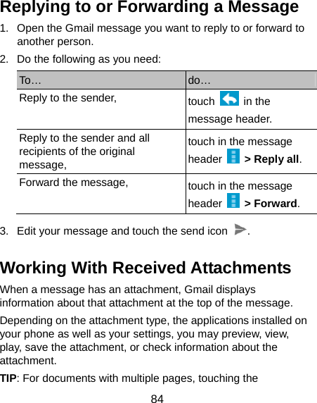  84 Replying to or Forwarding a Message 1.  Open the Gmail message you want to reply to or forward to another person. 2.  Do the following as you need: To…  do… Reply to the sender,  touch   in the message header. Reply to the sender and all recipients of the original message, touch in the message header   &gt; Reply all. Forward the message,  touch in the message header   &gt; Forward. 3.  Edit your message and touch the send icon  . Working With Received Attachments When a message has an attachment, Gmail displays information about that attachment at the top of the message. Depending on the attachment type, the applications installed on your phone as well as your settings, you may preview, view, play, save the attachment, or check information about the attachment. TIP: For documents with multiple pages, touching the 