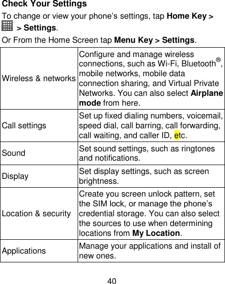 40 Check Your Settings   To change or view your phone‘s settings, tap Home Key &gt;   &gt; Settings. Or From the Home Screen tap Menu Key &gt; Settings. Wireless &amp; networks Configure and manage wireless connections, such as Wi-Fi, Bluetooth®, mobile networks, mobile data connection sharing, and Virtual Private Networks. You can also select Airplane mode from here. Call settings Set up fixed dialing numbers, voicemail, speed dial, call barring, call forwarding, call waiting, and caller ID, etc. Sound Set sound settings, such as ringtones and notifications. Display Set display settings, such as screen brightness. Location &amp; security Create you screen unlock pattern, set the SIM lock, or manage the phone‘s credential storage. You can also select the sources to use when determining locations from My Location. Applications Manage your applications and install of new ones. 