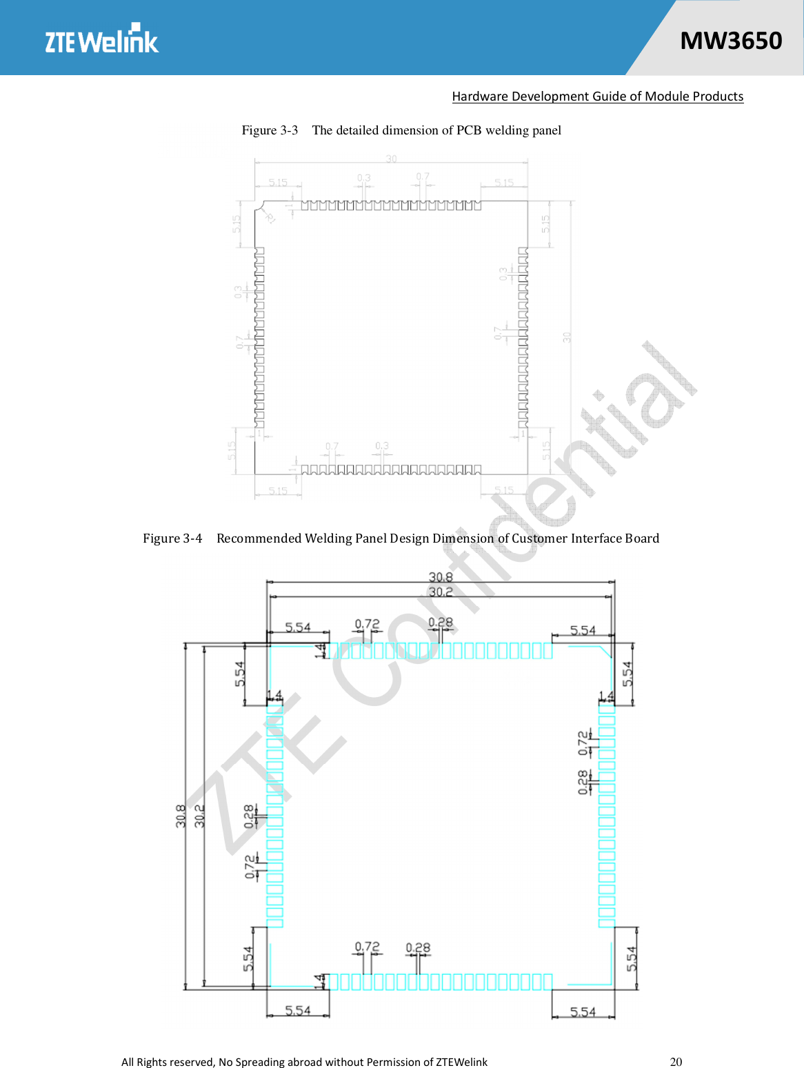   Hardware Development Guide of Module Products  All Rights reserved, No Spreading abroad without Permission of ZTEWelink    20    MW36500 Figure 3-3    The detailed dimension of PCB welding panel   Figure 3-4    Recommended Welding Panel Design Dimension of Customer Interface Board  