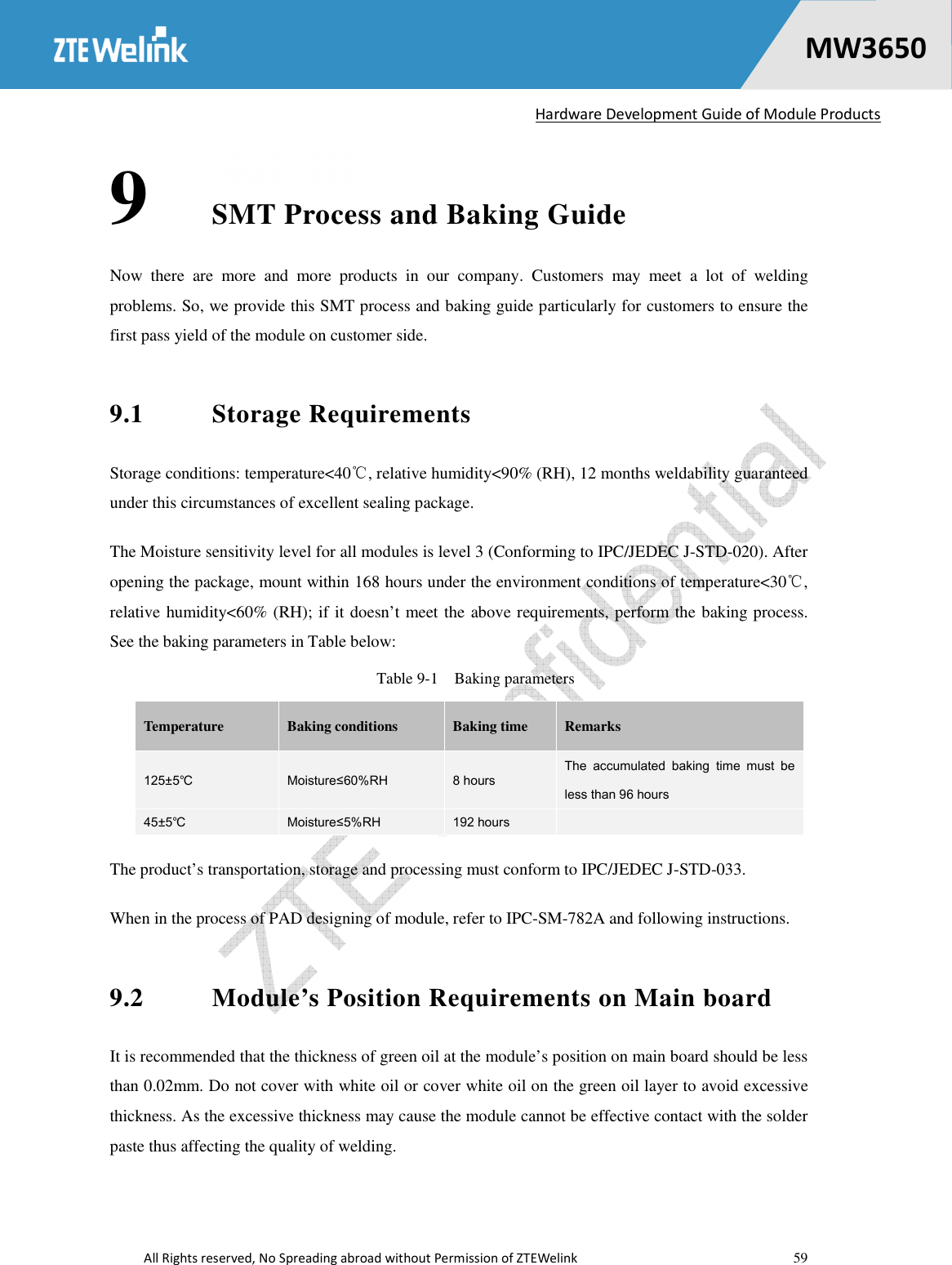   Hardware Development Guide of Module Products  All Rights reserved, No Spreading abroad without Permission of ZTEWelink    59    MW36500 9 SMT Process and Baking Guide Now  there  are  more  and  more  products  in  our  company.  Customers  may  meet  a  lot  of  welding problems. So, we provide this SMT process and baking guide particularly for customers to ensure the first pass yield of the module on customer side. 9.1  Storage Requirements Storage conditions: temperature&lt;40℃, relative humidity&lt;90% (RH), 12 months weldability guaranteed under this circumstances of excellent sealing package. The Moisture sensitivity level for all modules is level 3 (Conforming to IPC/JEDEC J-STD-020). After opening the package, mount within 168 hours under the environment conditions of temperature&lt;30℃, relative humidity&lt;60% (RH); if it doesn’t meet the above requirements, perform the baking process. See the baking parameters in Table below: Table 9-1    Baking parameters Temperature  Baking conditions  Baking time  Remarks 125±5℃  Moisture≤60%RH  8 hours The  accumulated  baking  time  must  be less than 96 hours   45±5℃  Moisture≤5%RH  192 hours   The product’s transportation, storage and processing must conform to IPC/JEDEC J-STD-033. When in the process of PAD designing of module, refer to IPC-SM-782A and following instructions. 9.2  Module’s Position Requirements on Main board It is recommended that the thickness of green oil at the module’s position on main board should be less than 0.02mm. Do not cover with white oil or cover white oil on the green oil layer to avoid excessive thickness. As the excessive thickness may cause the module cannot be effective contact with the solder paste thus affecting the quality of welding. 