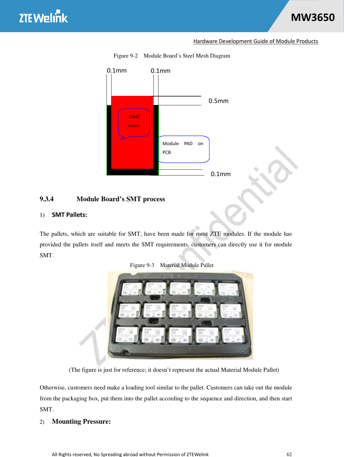   Hardware Development Guide of Module Products  All Rights reserved, No Spreading abroad without Permission of ZTEWelink    62    MW36500 Figure 9-2    Module Board’s Steel Mesh Diagram 9.3.4  Module Board’s SMT process 1) SMT Pallets: The pallets, which are suitable for SMT, have been made for most ZTE modules. If the module has provided the pallets itself and meets the SMT requirements, customers can directly use it for module SMT. Figure 9-3    Material Module Pallet    (The figure is just for reference; it doesn’t represent the actual Material Module Pallet) Otherwise, customers need make a loading tool similar to the pallet. Customers can take out the module from the packaging box, put them into the pallet according to the sequence and direction, and then start SMT. 2) Mounting Pressure: 0.1mm  0.1mm 0.5mm 0.1mm Steel mesh opening Module  PAD  on PCB 