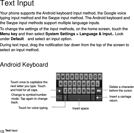  15 Text Input   Text Input Your phone supports the Android keyboard input method, the Google voice typing input method and the Swype input method. The Android keyboard and the Swype input methods support multiple language inputs. To change the settings of the input methods, on the home screen, touch the Menu key and then select System Settings &gt; Language &amp; input.. Look under Default  and select an input option.   During text input, drag the notification bar down from the top of the screen to select an input method.   Android Keyboard    Delete a character before the cursor. Insert a carriage return. Change to symbol/number mode. Tap again to change back. Insert spaceTouch once to capitalize the next letter you type. Touch and hold for all caps. Touch for voice typing.
