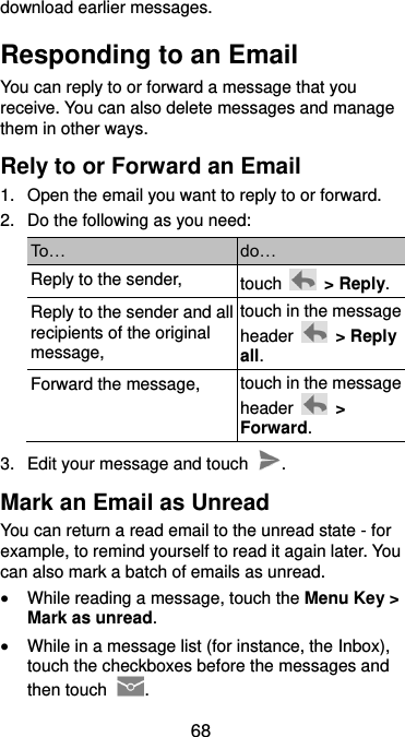  68 download earlier messages. Responding to an Email You can reply to or forward a message that you receive. You can also delete messages and manage them in other ways. Rely to or Forward an Email 1.  Open the email you want to reply to or forward. 2.  Do the following as you need: To… do… Reply to the sender, touch    &gt; Reply. Reply to the sender and all recipients of the original message, touch in the message header    &gt; Reply all. Forward the message, touch in the message header    &gt; Forward. 3.  Edit your message and touch  . Mark an Email as Unread You can return a read email to the unread state - for example, to remind yourself to read it again later. You can also mark a batch of emails as unread.  While reading a message, touch the Menu Key &gt; Mark as unread.  While in a message list (for instance, the Inbox), touch the checkboxes before the messages and then touch  . 