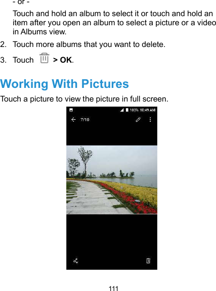  111 - or - Touch and hold an album to select it or touch and hold an item after you open an album to select a picture or a video in Albums view. 2.  Touch more albums that you want to delete. 3.  Touch    &gt; OK. Working With Pictures Touch a picture to view the picture in full screen.    