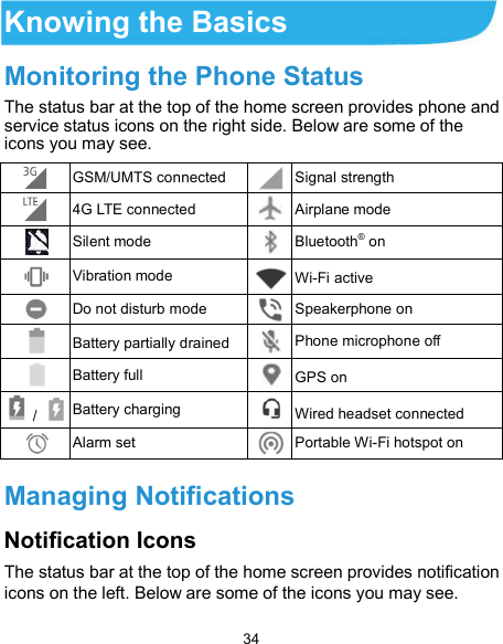  34 Knowing the Basics Monitoring the Phone Status The status bar at the top of the home screen provides phone and service status icons on the right side. Below are some of the icons you may see.    GSM/UMTS connected  Signal strength  4G LTE connected  Airplane mode  Silent mode  Bluetooth® on  Vibration mode  Wi-Fi active  Do not disturb mode  Speakerphone on  Battery partially drained  Phone microphone off  Battery full  GPS on   /  Battery charging  Wired headset connected  Alarm set  Portable Wi-Fi hotspot on Managing Notifications Notification Icons The status bar at the top of the home screen provides notification icons on the left. Below are some of the icons you may see.   