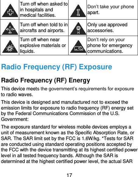  17  Turn off when asked to in hospitals and medical facilities.  Don’t take your phone apart.  Turn off when told to in aircrafts and airports.  Only use approved accessories.  Turn off when near explosive materials or liquids.  Don’t rely on your phone for emergency communications.   Radio Frequency (RF) Exposure Radio Frequency (RF) Energy This device meets the government’s requirements for exposure to radio waves. This device is designed and manufactured not to exceed the emission limits for exposure to radio frequency (RF) energy set by the Federal Communications Commission of the U.S. Government: The exposure standard for wireless mobile devices employs a unit of measurement known as the Specific Absorption Rate, or SAR. The SAR limit set by the FCC is 1.6W/kg. *Tests for SAR are conducted using standard operating positions accepted by the FCC with the device transmitting at its highest certified power level in all tested frequency bands. Although the SAR is determined at the highest certified power level, the actual SAR 