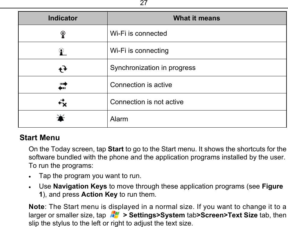 27 Indicator What it means Wi-Fi is connected Wi-Fi is connecting Synchronization in progress Connection is active Connection is not active    Alarm Start Menu   On the Today screen, tap Start to go to the Start menu. It shows the shortcuts for the software bundled with the phone and the application programs installed by the user. To run the programs:   • Tap the program you want to run. • Use Navigation Keys to move through these application programs (see Figure 1), and press Action Key to run them.   Note: The Start menu is displayed in a normal size. If you want to change it to a larger or smaller size, tap   &gt; Settings&gt;System tab&gt;Screen&gt;Text Size tab, then slip the stylus to the left or right to adjust the text size.       
