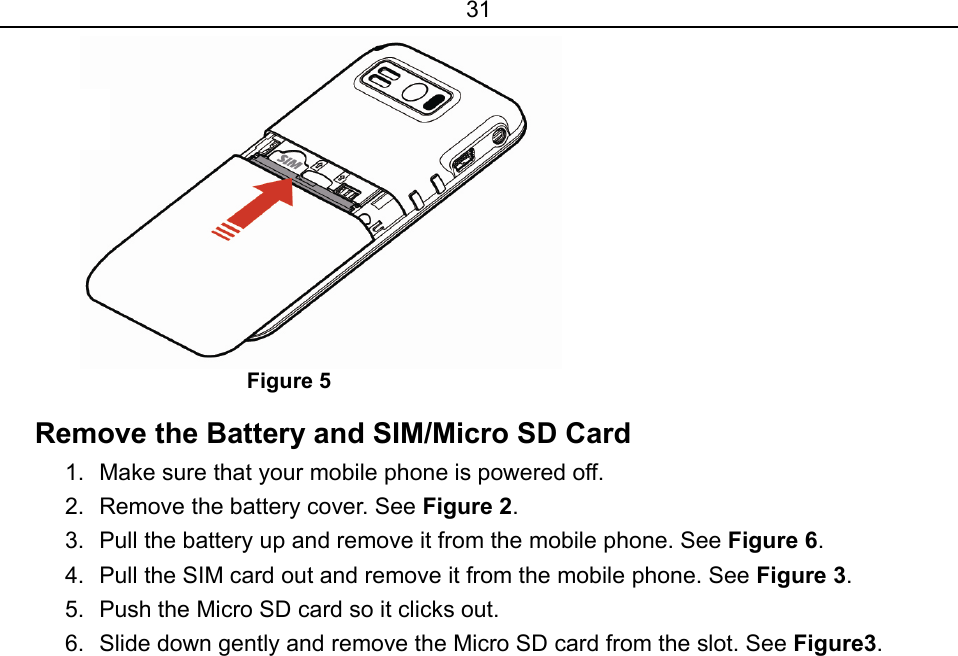 31  Figure 5 Remove the Battery and SIM/Micro SD Card 1.  Make sure that your mobile phone is powered off.   2.  Remove the battery cover. See Figure 2. 3.  Pull the battery up and remove it from the mobile phone. See Figure 6. 4.  Pull the SIM card out and remove it from the mobile phone. See Figure 3.   5.  Push the Micro SD card so it clicks out. 6.  Slide down gently and remove the Micro SD card from the slot. See Figure3. 