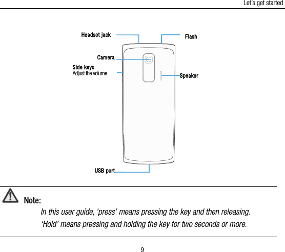 Let’s get started 9              Note: In this user guide, ‘press’ means pressing the key and then releasing.   ‘Hold’ means pressing and holding the key for two seconds or more.  CameraSpeakerSide keysAdjust the volume USB portFlashHeadset jack