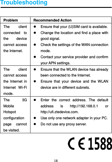 18  Troubleshooting  Problem Recommended Action The  client connected  to the  device cannot access the Internet.   Ensure that your (U)SIM card is available.   Change the location and find a place with good signal.   Check the settings of the WAN connection mode.   Contact your service provider and confirm your APN settings. The  client cannot access the  Internet  in Internet  Wi-Fi mode.   Ensure that the WLAN device has already been connected to the Internet.   Ensure  that  your  device  and  the  WLAN device are in different subnets. The  3G Mobile Hotspot configuration page  cannot be visited.   Enter  the  correct  address.  The  default address  is  http://192.168.0.1  or http://ufi.ztedevice.com.   Use only one network adapter in your PC.   Do not use any proxy server.       
