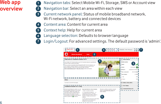 6Navigation tabs: Select Mobile Wi-Fi, Storage, SMS or Account viewNavigation bar: Select an area within each viewCurrent network panel: Status of mobile broadband network,  Wi-Fi network, battery and connected devicesContent area: Content for current areaContext help: Help for current areaLanguage selection: Defaults to browser languageLogin/Logout: For advanced settings. The default password is ‘admin’.Web app overview45673124536127