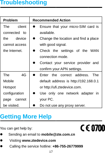  Troubles Problem The clienconnected tthe deviccannot accesthe Internet.The 4GMobile Hotspot configurationpage cannobe visited. Getting MYou can get he Sending a  Visiting w   Calling th17shooting Recommendent to ce ss  Ensure thavailable. Change thwith good  Check thconnection Contact yconfirm yoG  ot  Enter thedefault ador http://uf Use only your PC.  Do not useMore Helpelp by: an email to mobile@www.ztedevice.comhe service hotline: +8ed Action at your micro-SIM che location and find asignal. e settings of the n mode. your service provideour APN settings. e correct addressddress is http://192.1fi.ztedevice.com. one network adape any proxy server.@zte.com.cn  86-755-26779999 card is a place WAN er and . The 68.0.1 pter in 