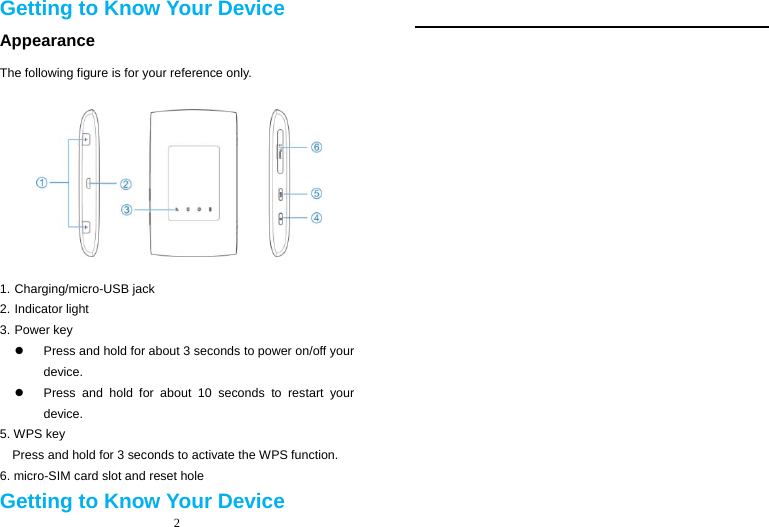 2  Getting to Know Your Device Appearance The following figure is for your reference only.  1. Charging/micro-USB jack   2. Indicator light 3. Power key     Press and hold for about 3 seconds to power on/off your device.   Press and hold for about 10 seconds to restart your device.  5. WPS key Press and hold for 3 seconds to activate the WPS function. 6. micro-SIM card slot and reset hole Getting to Know Your Device 