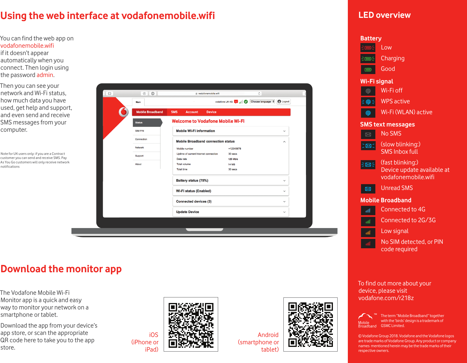 Download the monitor appThe Vodafone Mobile Wi-Fi Monitor app is a quick and easy way to monitor your network on a smartphone or tablet.Download the app from your device’s app store, or scan the appropriate QR code here to take you to the app store.iOS(iPhone or  iPad)Android(smartphone or tablet)™Using the web interface at vodafonemobile.wifiYou can find the web app on  vodafonemobile.wifi if it doesn’t appear automatically when you connect. Then login using the password admin.Then you can see your network and Wi-Fi status, how much data you have used, get help and support, and even send and receive SMS messages from your computer.Note for UK users only: if you are a Contract customer you can send and receive SMS. Pay As You Go customers will only receive network notificationsLED overviewTo find out more about your  device, please visit  vodafone.com/r218zBatteryLowChargingGoodWi-Fi signalWi-Fi offWPS activeWi-Fi (WLAN) activeSMS text messagesNo SMS(slow blinking:) SMS Inbox full(fast blinking:) Device update available at vodafonemobile.wifiUnread SMSMobile BroadbandConnected to 4GConnected to 2G/3GLow signalNo SIM detected, or PIN code required© Vodafone Group 2018. Vodafone and the Vodafone logos  are trade marks of Vodafone Group. Any product or company names  mentioned herein may be the trade marks of their respective owners.The term “Mobile Broadband” together  with the ‘birds’ design is a trademark of  GSMC Limited.