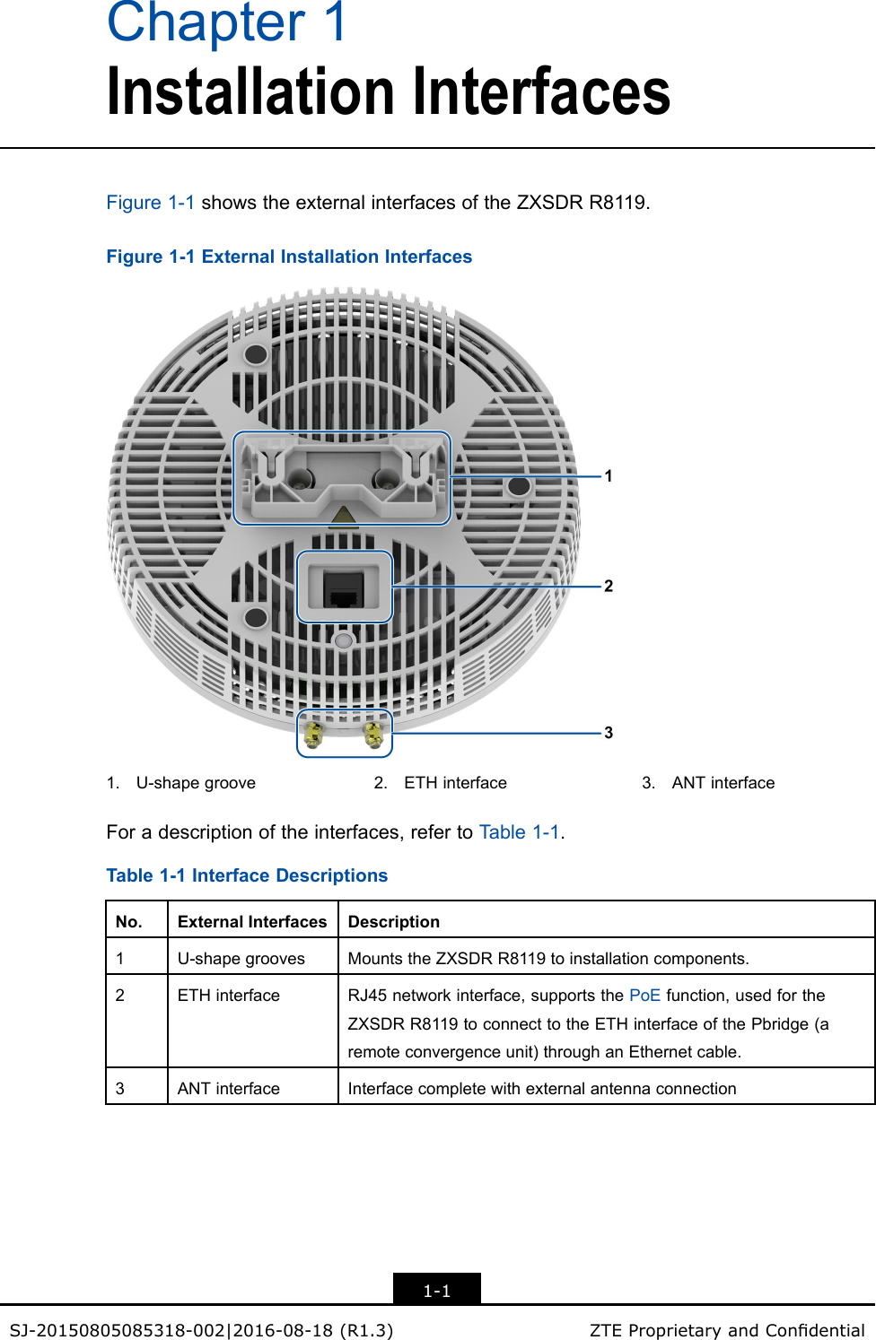 Chapter1InstallationInterfacesFigure1-1showstheexternalinterfacesoftheZXSDRR8119.Figure1-1ExternalInstallationInterfaces1.U-shapegroove2.ETHinterface3.ANTinterfaceForadescriptionoftheinterfaces,refertoTable1-1.Table1-1InterfaceDescriptionsNo.ExternalInterfacesDescription1U-shapegroovesMountstheZXSDRR8119toinstallationcomponents.2ETHinterfaceRJ45networkinterface,supportsthePoEfunction,usedfortheZXSDRR8119toconnecttotheETHinterfaceofthePbridge(aremoteconvergenceunit)throughanEthernetcable.3ANTinterfaceInterfacecompletewithexternalantennaconnection1-1SJ-20150805085318-002|2016-08-18(R1.3)ZTEProprietaryandCondential