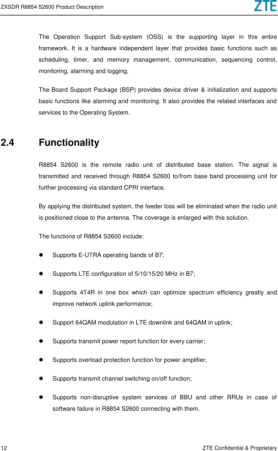 Page 14 of ZTE R8854S2600 Macro Radio Remote Unit User Manual ZXSDR R8854 S2600 Product Description