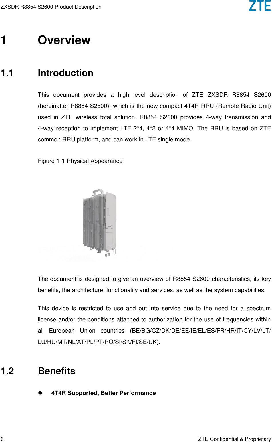 Page 8 of ZTE R8854S2600 Macro Radio Remote Unit User Manual ZXSDR R8854 S2600 Product Description