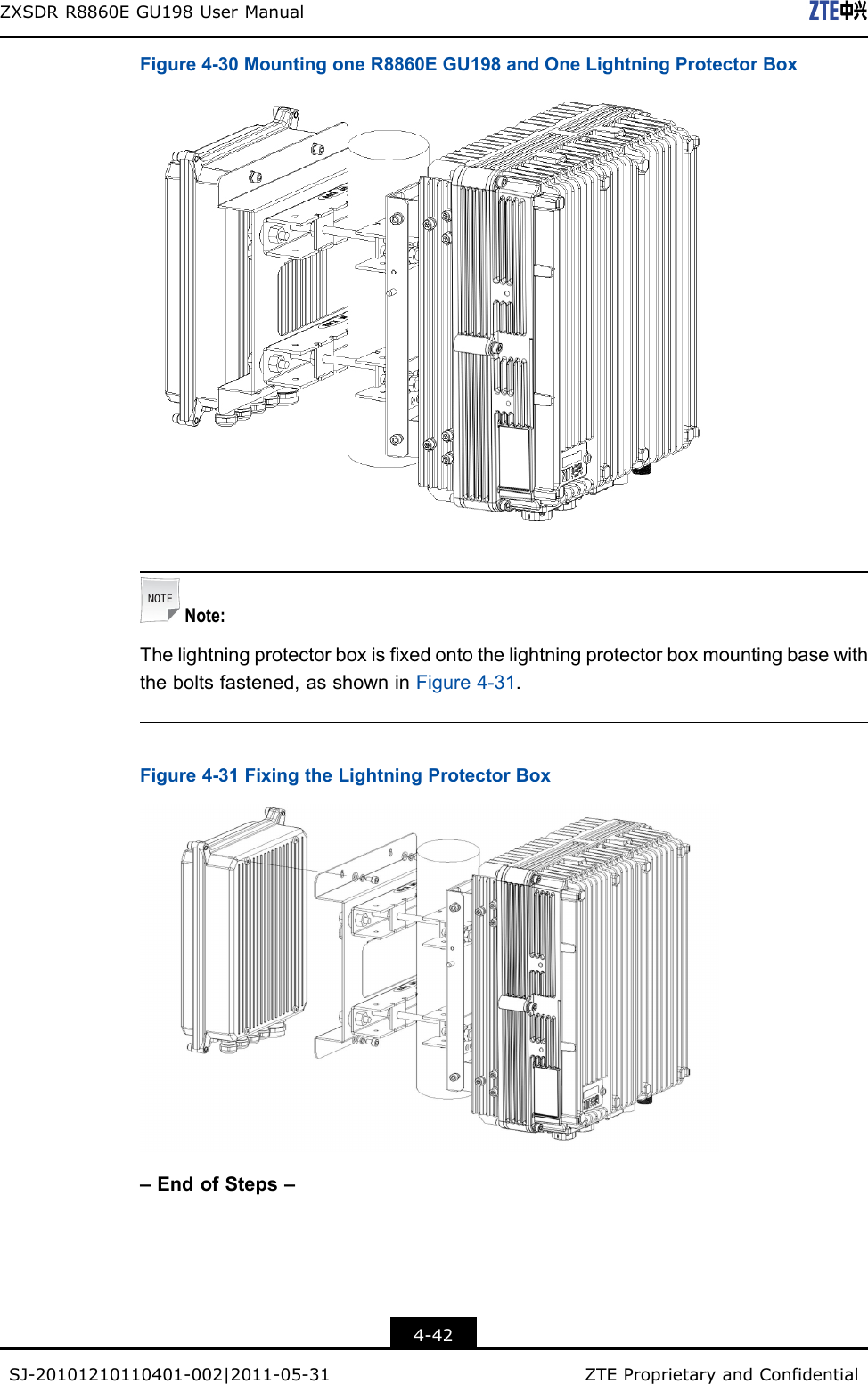 ZXSDRR8860EGU198UserManualFigure4-30MountingoneR8860EGU198andOneLightningProtectorBoxNote:Thelightningprotectorboxisxedontothelightningprotectorboxmountingbasewiththeboltsfastened,asshowninFigure4-31.Figure4-31FixingtheLightningProtectorBox–EndofSteps–4-42SJ-20101210110401-002|2011-05-31ZTEProprietaryandCondential