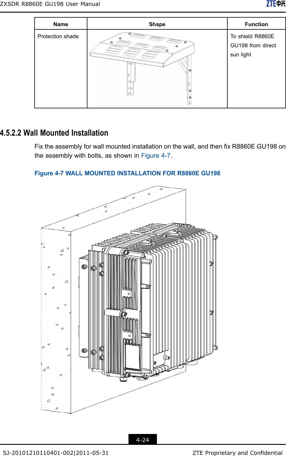 ZXSDRR8860EGU198UserManualNameShapeFunctionProtectionshadeToshieldR8860EGU198fromdirectsunlight4.5.2.2WallMountedInstallationFixtheassemblyforwallmountedinstallationonthewall,andthenxR8860EGU198ontheassemblywithbolts,asshowninFigure4-7.Figure4-7WALLMOUNTEDINSTALLATIONFORR8860EGU1984-24SJ-20101210110401-002|2011-05-31ZTEProprietaryandCondential