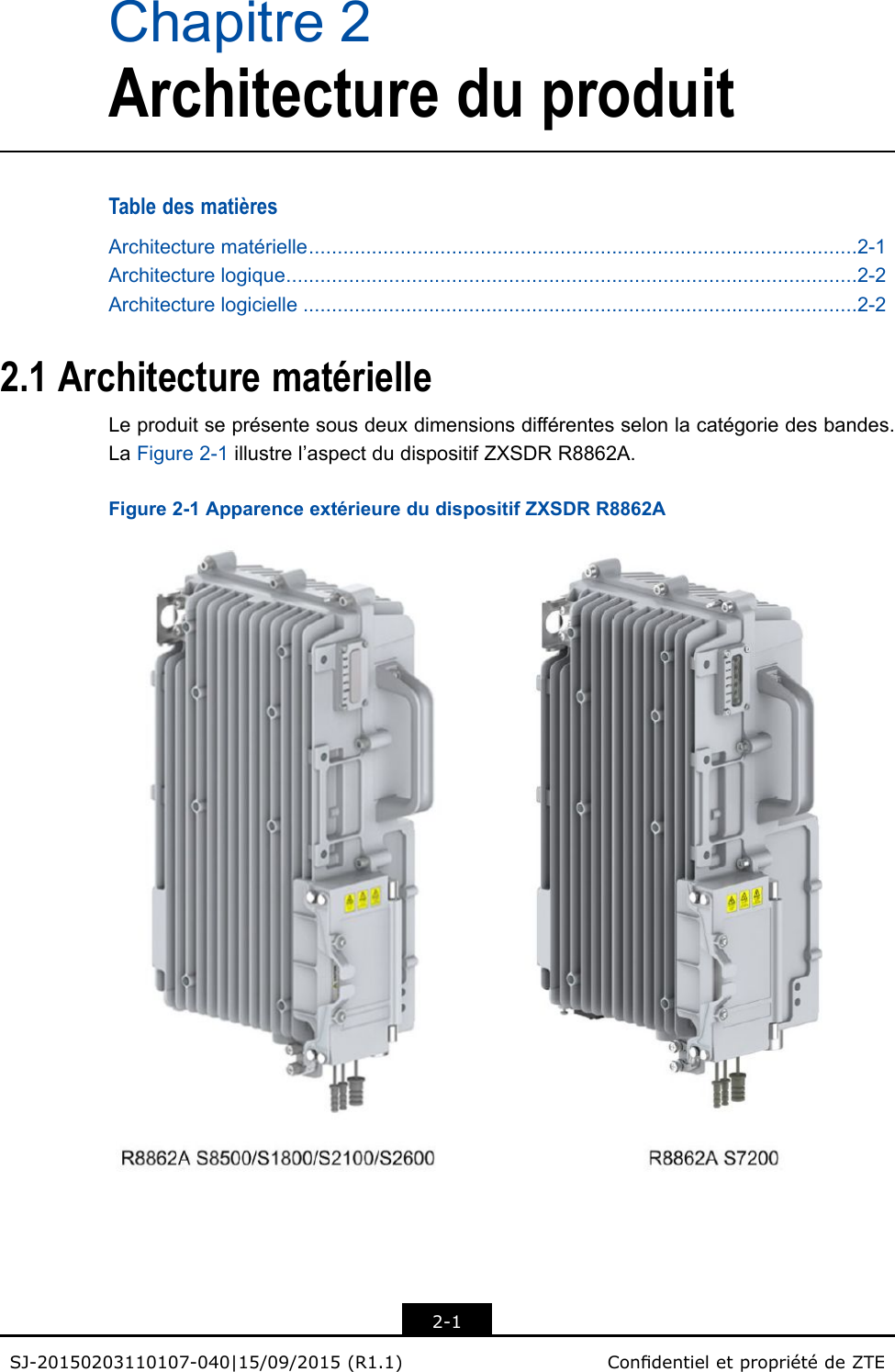Chapitre2ArchitectureduproduitTabledesmatièresArchitecturematérielle................................................................................................2-1Architecturelogique....................................................................................................2-2Architecturelogicielle.................................................................................................2-22.1ArchitecturematérielleLeproduitseprésentesousdeuxdimensionsdifférentesselonlacatégoriedesbandes.LaFigure2-1illustrel’aspectdudispositifZXSDRR8862A.Figure2-1ApparenceextérieuredudispositifZXSDRR8862A2-1SJ-20150203110107-040|15/09/2015(R1.1)CondentieletpropriétédeZTE