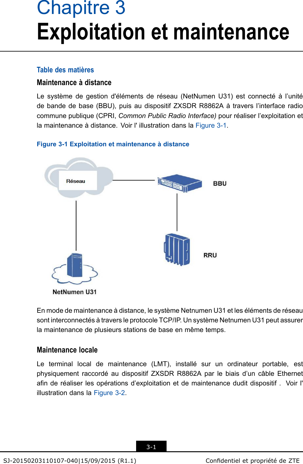 Chapitre3ExploitationetmaintenanceTabledesmatièresMaintenanceàdistanceLesystèmedegestiond&apos;élémentsderéseau(NetNumenU31)estconnectéàl’unitédebandedebase(BBU),puisaudispositifZXSDRR8862Aàtraversl’interfaceradiocommunepublique(CPRI,CommonPublicRadioInterface)pourréaliserl’exploitationetlamaintenanceàdistance.Voirl&apos;illustrationdanslaFigure3-1.Figure3-1ExploitationetmaintenanceàdistanceEnmodedemaintenanceàdistance,lesystèmeNetnumenU31etlesélémentsderéseausontinterconnectésàtraversleprotocoleTCP/IP .UnsystèmeNetnumenU31peutassurerlamaintenancedeplusieursstationsdebaseenmêmetemps.MaintenancelocaleLeterminallocaldemaintenance(LMT),installésurunordinateurportable,estphysiquementraccordéaudispositifZXSDRR8862Aparlebiaisd’uncâbleEthernetanderéaliserlesopérationsd’exploitationetdemaintenanceduditdispositif.Voirl&apos;illustrationdanslaFigure3-2.3-1SJ-20150203110107-040|15/09/2015(R1.1)CondentieletpropriétédeZTE