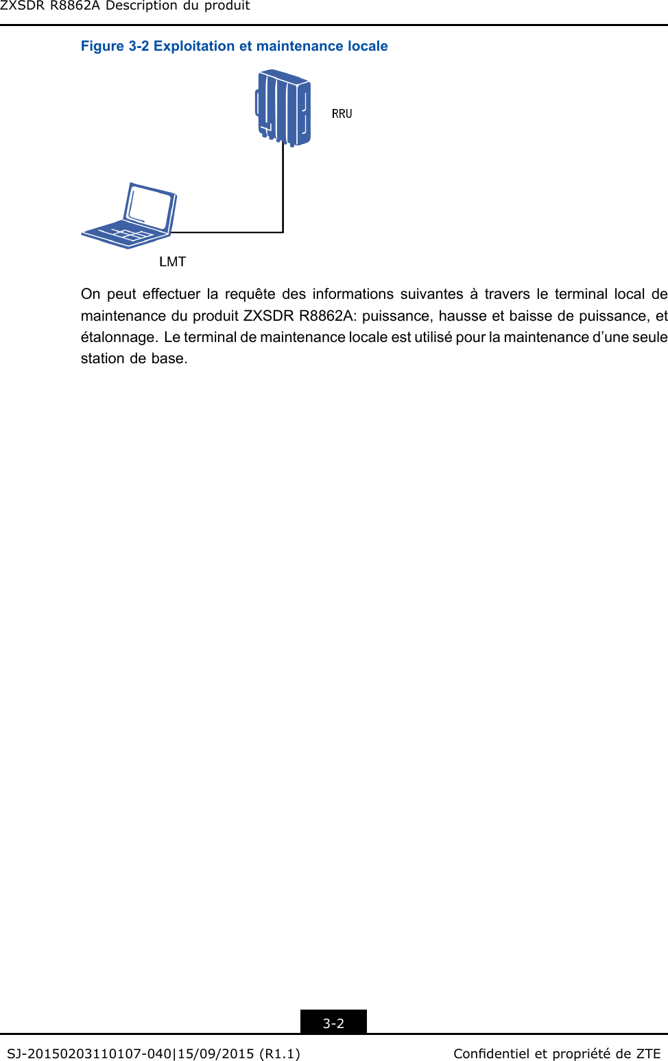 ZXSDRR8862ADescriptionduproduitFigure3-2ExploitationetmaintenancelocaleOnpeuteffectuerlarequêtedesinformationssuivantesàtraversleterminallocaldemaintenanceduproduitZXSDRR8862A:puissance,hausseetbaissedepuissance,etétalonnage.Leterminaldemaintenancelocaleestutilisépourlamaintenanced’uneseulestationdebase.3-2SJ-20150203110107-040|15/09/2015(R1.1)CondentieletpropriétédeZTE