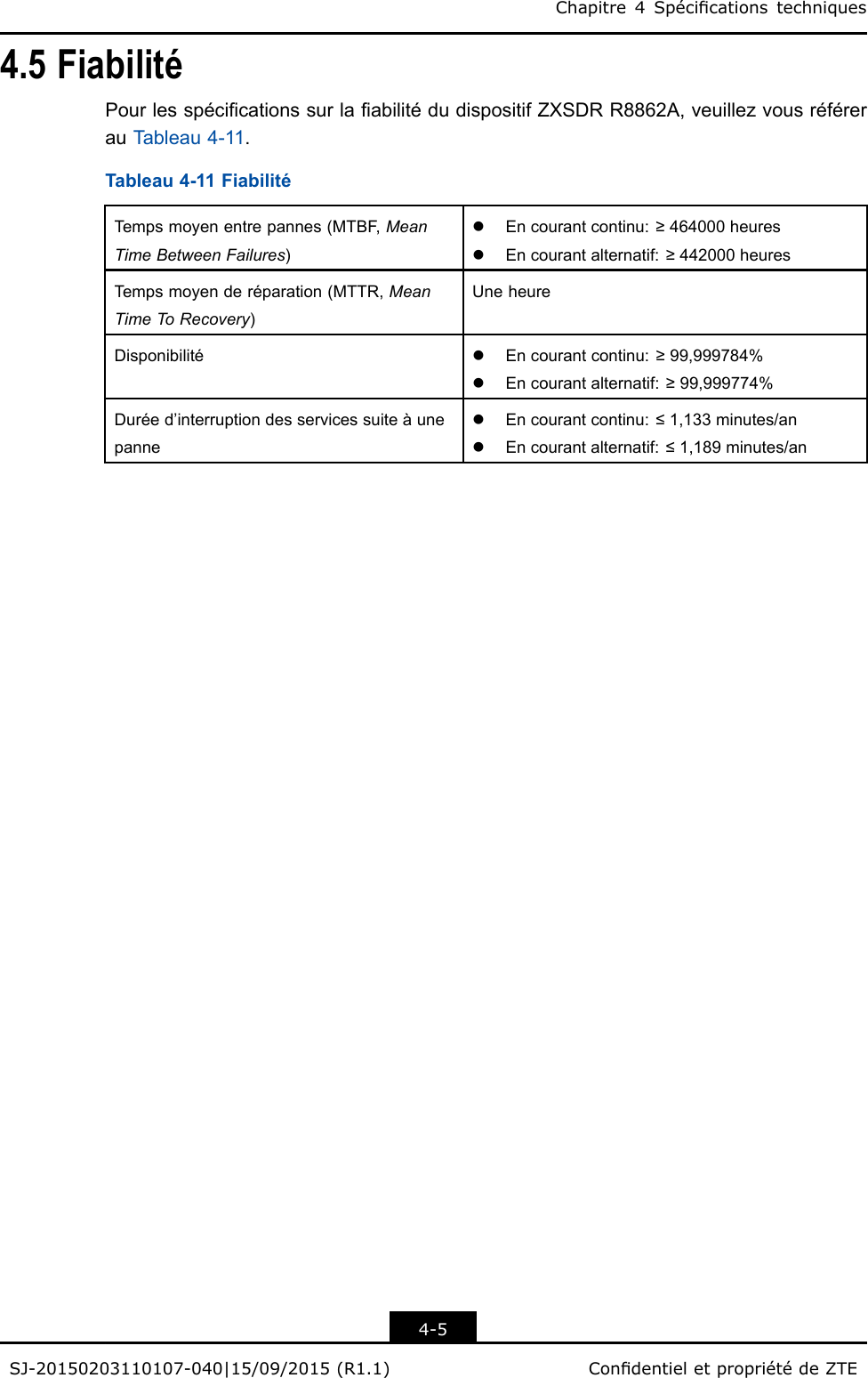 Chapitre4Spécicationstechniques4.5FiabilitéPourlesspécicationssurlaabilitédudispositifZXSDRR8862A,veuillezvousréférerauTableau4-11.Tableau4-11FiabilitéTempsmoyenentrepannes(MTBF,MeanTimeBetweenFailures)lEncourantcontinu:≥464000heureslEncourantalternatif:≥442000heuresTempsmoyenderéparation(MTTR,MeanTimeToRecovery)UneheureDisponibilitélEncourantcontinu:≥99,999784%lEncourantalternatif:≥99,999774%Duréed’interruptiondesservicessuiteàunepannelEncourantcontinu:≤1,133minutes/anlEncourantalternatif:≤1,189minutes/an4-5SJ-20150203110107-040|15/09/2015(R1.1)CondentieletpropriétédeZTE