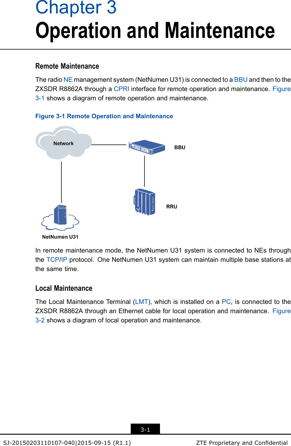 Chapter3OperationandMaintenanceRemoteMaintenanceTheradioNEmanagementsystem(NetNumenU31)isconnectedtoaBBUandthentotheZXSDRR8862AthroughaCPRIinterfaceforremoteoperationandmaintenance.Figure3-1showsadiagramofremoteoperationandmaintenance.Figure3-1RemoteOperationandMaintenanceInremotemaintenancemode,theNetNumenU31systemisconnectedtoNEsthroughtheTCP/IPprotocol.OneNetNumenU31systemcanmaintainmultiplebasestationsatthesametime.LocalMaintenanceTheLocalMaintenanceT erminal(LMT),whichisinstalledonaPC,isconnectedtotheZXSDRR8862AthroughanEthernetcableforlocaloperationandmaintenance.Figure3-2showsadiagramoflocaloperationandmaintenance.3-1SJ-20150203110107-040|2015-09-15(R1.1)ZTEProprietaryandCondential