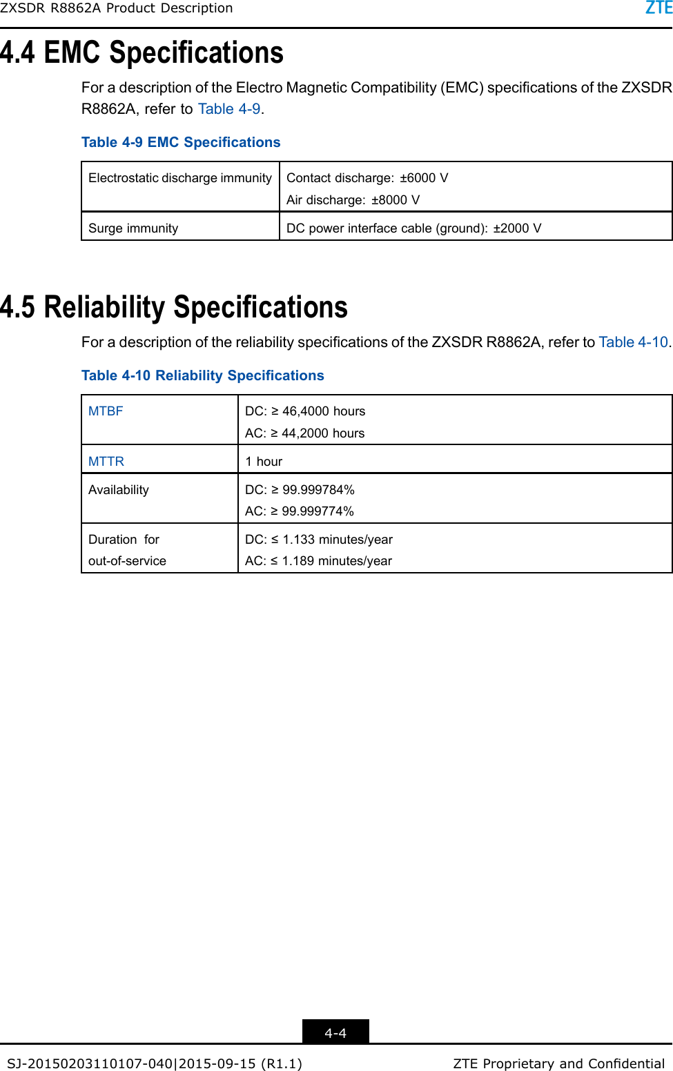 ZXSDRR8862AProductDescription4.4EMCSpecicationsForadescriptionoftheElectroMagneticCompatibility(EMC)specicationsoftheZXSDRR8862A,refertoT able4-9.Table4-9EMCSpecicationsElectrostaticdischargeimmunityContactdischarge:±6000VAirdischarge:±8000VSurgeimmunityDCpowerinterfacecable(ground):±2000V4.5ReliabilitySpecicationsForadescriptionofthereliabilityspecicationsoftheZXSDRR8862A,refertoT able4-10.Table4-10ReliabilitySpecicationsMTBFDC:≥46,4000hoursAC:≥44,2000hoursMTTR1hourAvailabilityDC:≥99.999784%AC:≥99.999774%Durationforout-of-serviceDC:≤1.133minutes/yearAC:≤1.189minutes/year4-4SJ-20150203110107-040|2015-09-15(R1.1)ZTEProprietaryandCondential