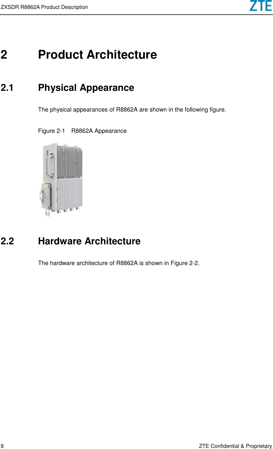 ZXSDR R8862A Product Description   8 ZTE Confidential &amp; Proprietary 2  Product Architecture 2.1  Physical Appearance The physical appearances of R8862A are shown in the following figure. Figure 2-1  R8862A Appearance  2.2  Hardware Architecture The hardware architecture of R8862A is shown in Figure 2-2. 